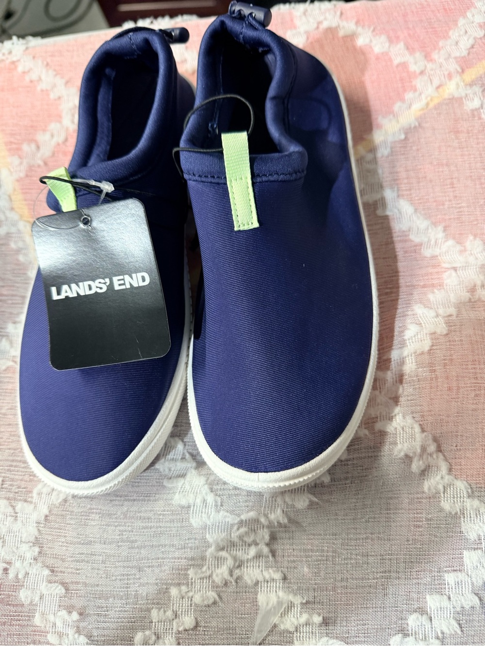 Lands' End Navy Slip-On Kids Sneakers with Light Green Pull Tab